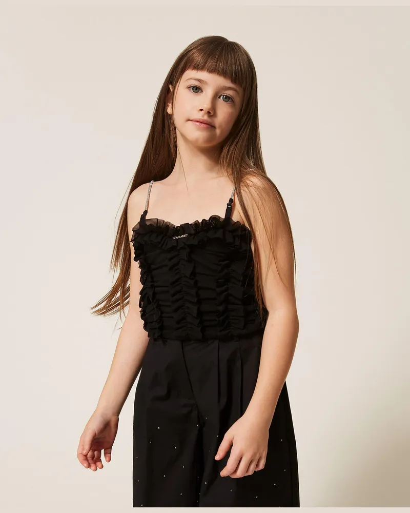 Twin-Set Tops - Top aus Tüll mit Volant, Schwarz, Größe Schwarz