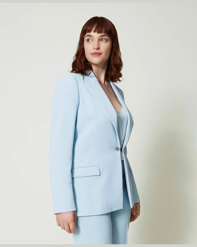 Twin-Set Jacken und Outerwear - Blazer aus Crêpe-Cady mit Schmuck, „Blue Tear"-Azur, Größe „blue