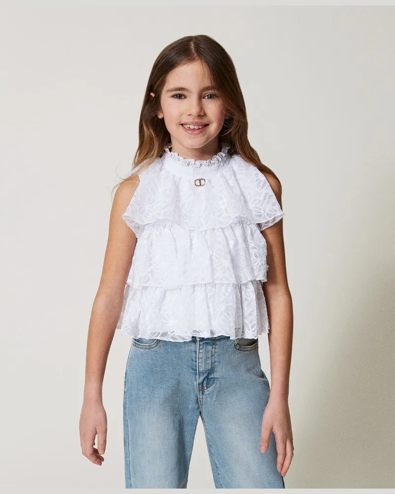 Twin-Set Tops - Volant-Top aus besticktem Tüll, "Ice"-Weiß, Größe: 8A 
