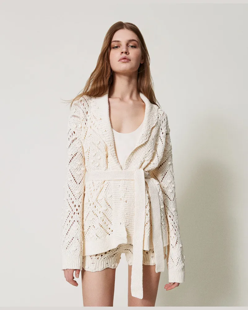 Twin-Set Cardigans - Strickcardigan mit Lochmuster und Gürtel, Light Natural, Baumwolle, Größe: XXL 