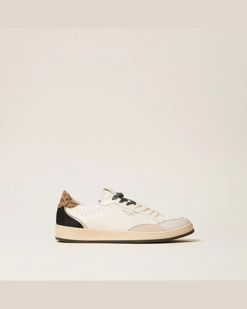 Twin-Set Ledersneaker mit Logo und Metallic-Details, Damen, Zweifarbig Off White/Leopardenprint Zweifarbig