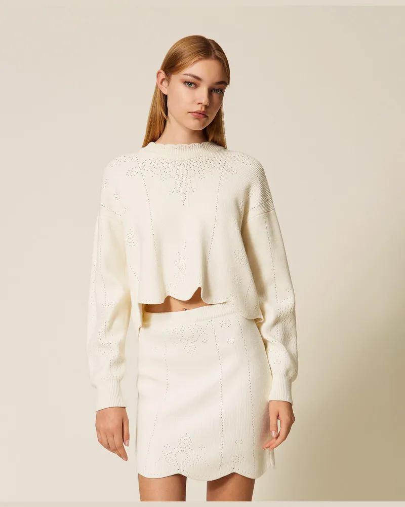 Twin-Set Röcke - Minirock aus Strick mit Feston, Weiß Schnee, Größe: XXL 