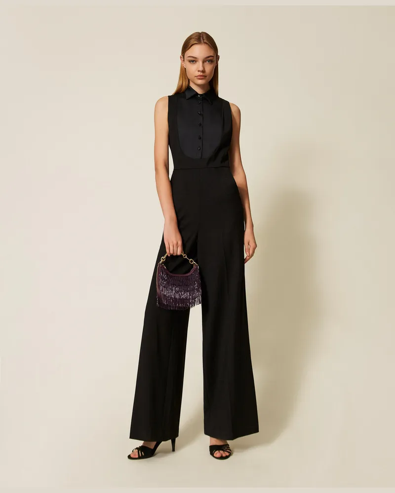 Twin-Set Kleider - Jumpsuit mit Satindetails, Schwarz, Wolle, Größe Schwarz