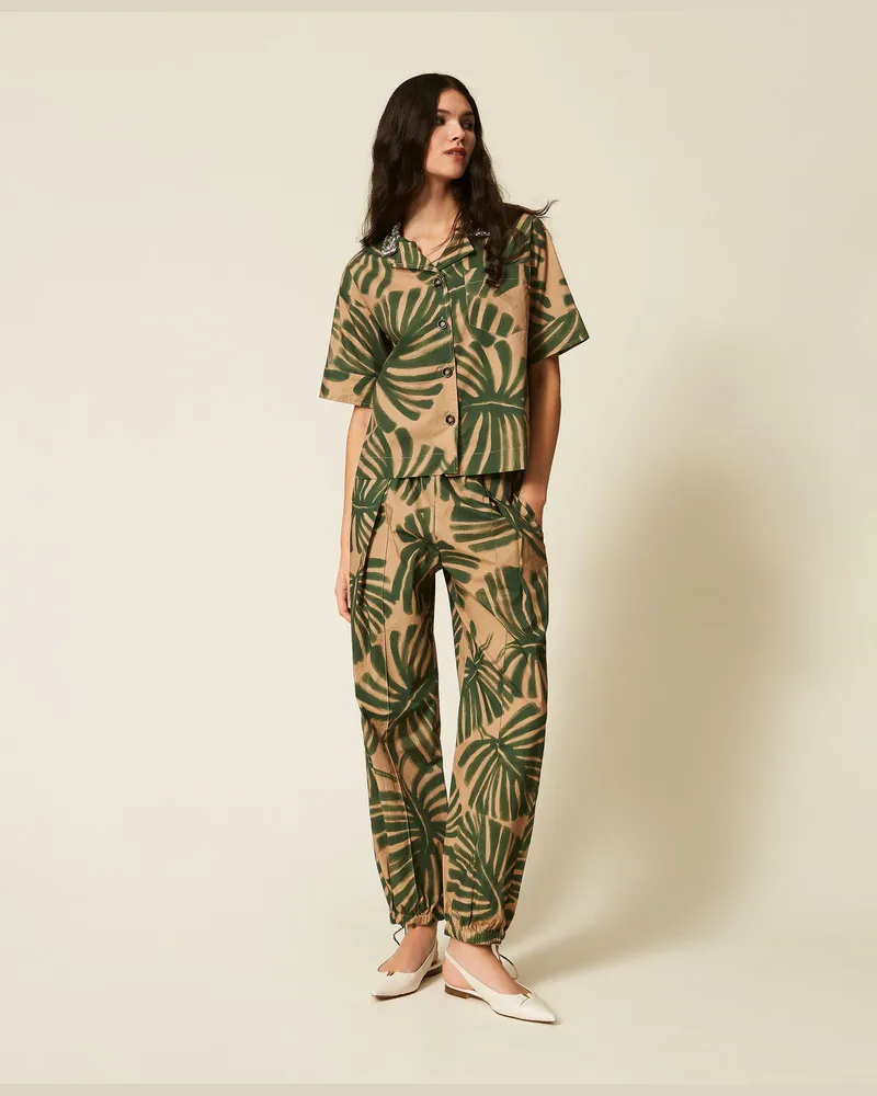 Twin-Set Hosen - Hose aus Popeline mit Print, Jungle-Print, Baumwolle, Größe Jungle-print