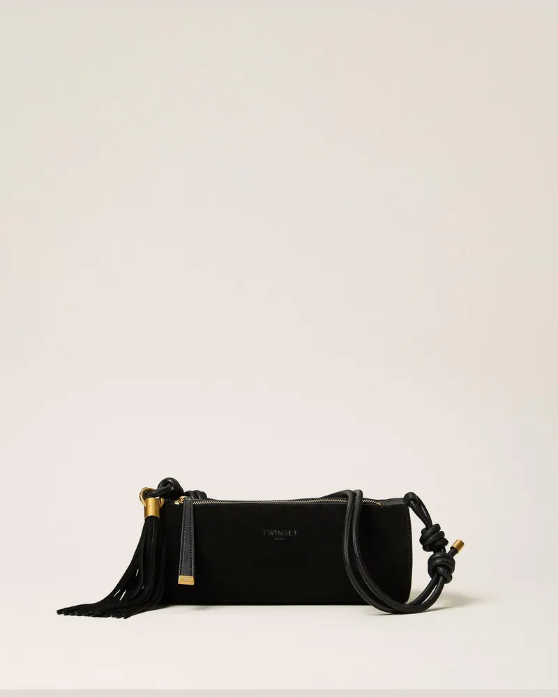 Twin-Set Zylindertasche aus Veloursleder mit Quaste, Damen, Schwarz Schwarz