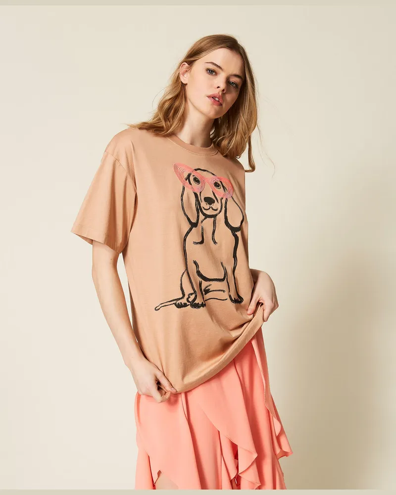 Actitude by Twinset T-Shirts - MYFO Oversized-T-Shirt mit Print und Stickerei, Nude Beige Dackel, Baumwolle, Größe Nude