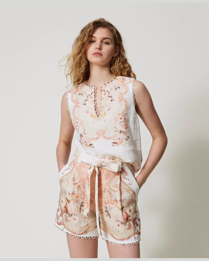Twin-Set Tops - Leinentop mit Print, Flowers-Print Tapestry Dusty Coral Shade, Mit Blumen, Größe: 50 