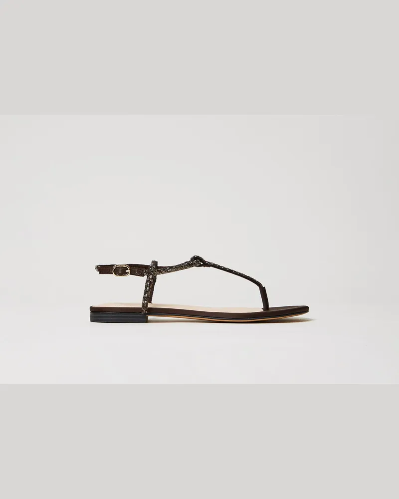 Twin-Set Schuhe - Flache Zehentrennersandale mit Strass, Chocolate Lab, Größe Chocolate