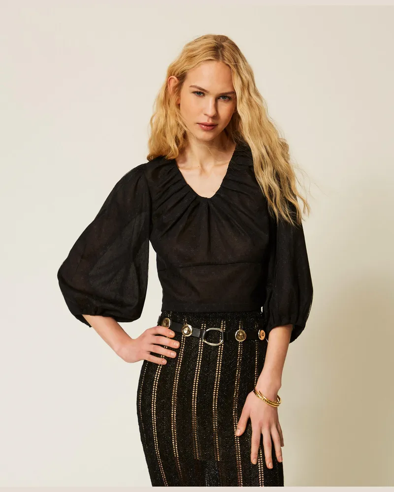 Twin-Set Blusen - Bluse aus floralem Tüll, Schwarz, Größe Schwarz