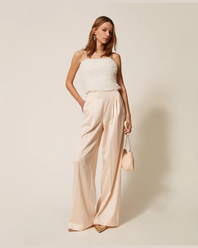 Twin-Set Weite Hose aus Satin Parchment-beige