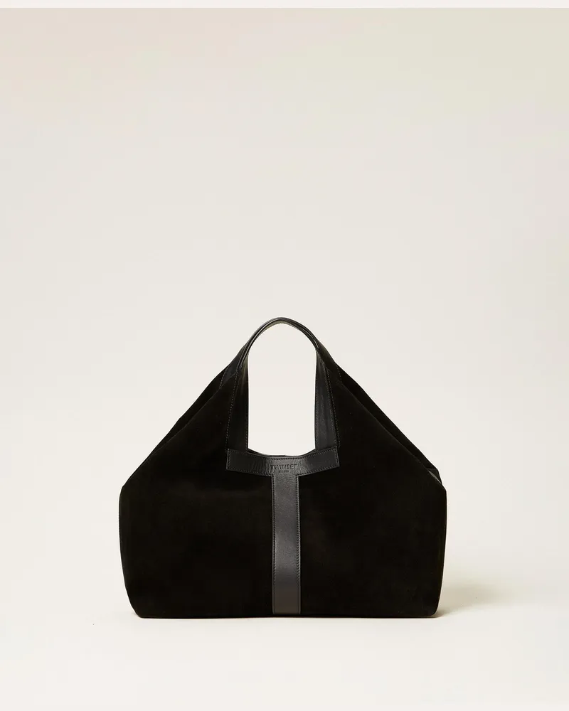 Twin-Set Shopper aus Veloursleder, Damen, Schwarz Schwarz