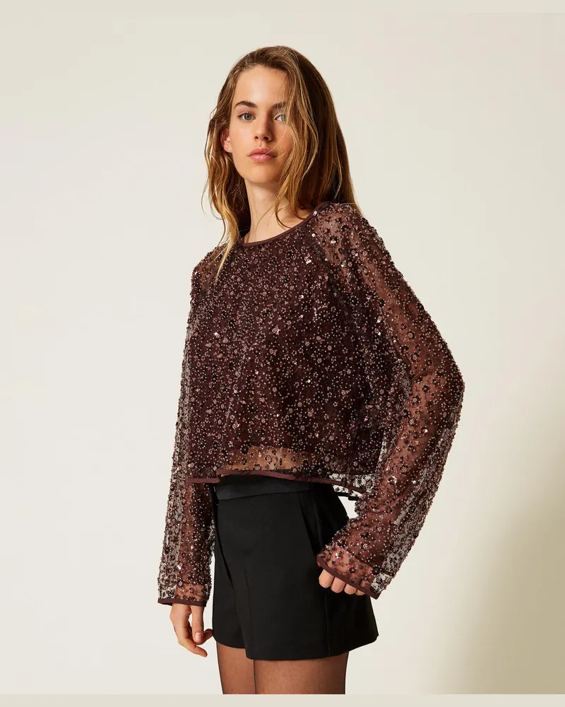 Actitude by Twinset Blusen - Bluse aus Tüll mit Pailletten, Hot Chocolate, Paillettes, Größe Hot