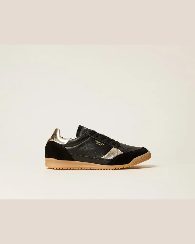 Twin-Set Schuhe - Sneakers im Laufschuhstil mit Metallic-Details, Schwarz, Leder, Größe Schwarz