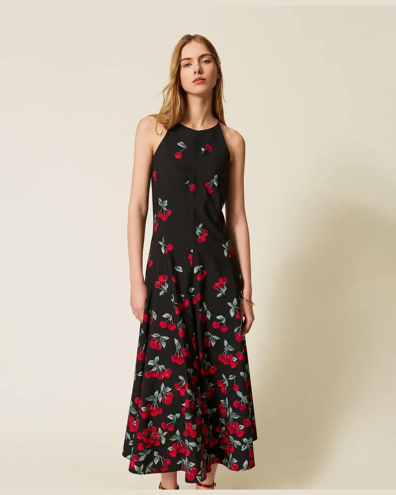 Twin-Set Kleider - Langes Kleid aus Popeline mit Kirschen-Print, Cherries Degradè Black/Red, Baumwolle, Größe Cherries