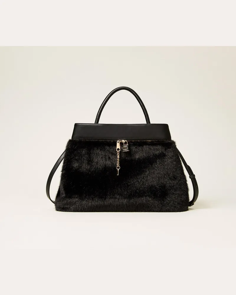 Twin-Set Taschen - Shopper aus Kunstpelz mit „Oval T" Vorhängeschloss, Schwarz, Pelzimitat, Einheitsgröße Schwarz