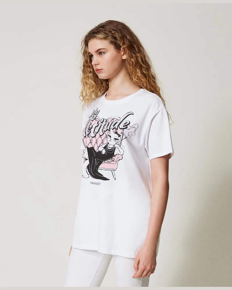 Twin-Set T-Shirts - T-Shirt mit Print und Strass, Papers / Actitude Cat-Print, Baumwolle, Größe: XXS 