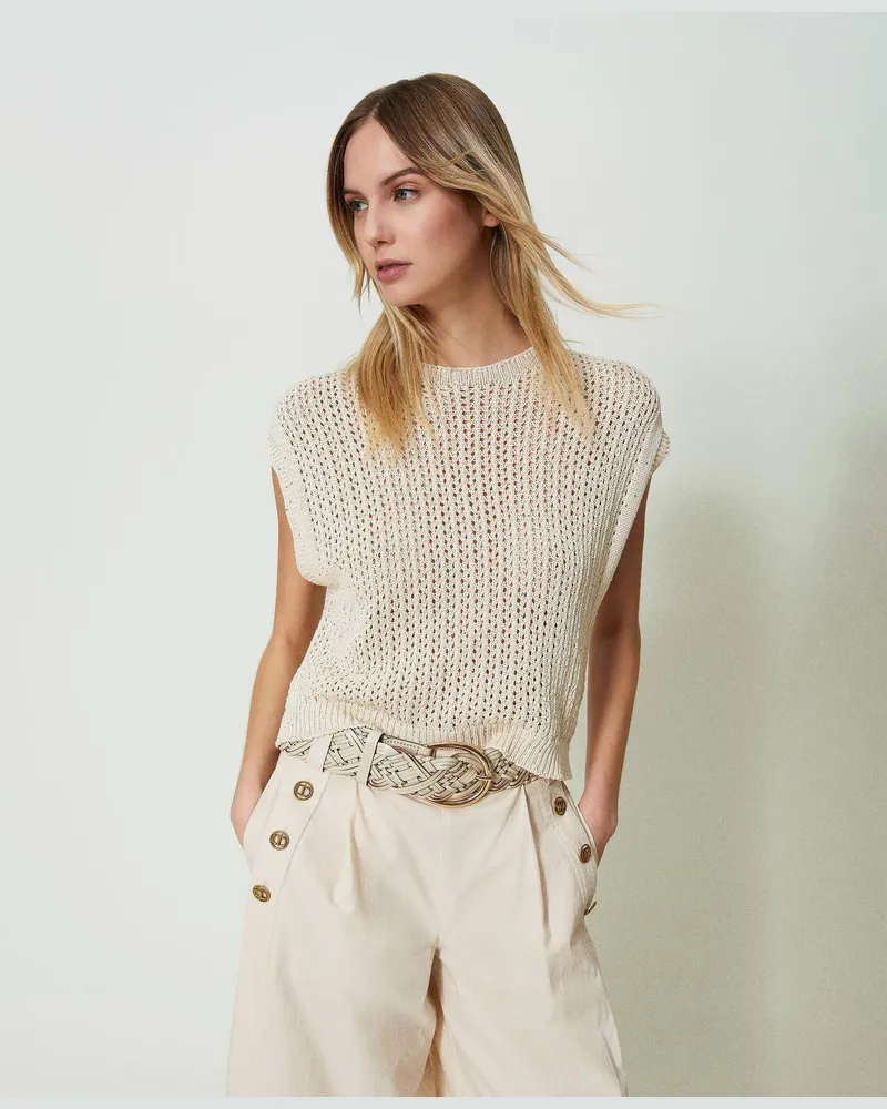 Twin-Set Pullover in Netzoptik mit Pailletten, „Parchment Paillettes"-Grau, Größe: XXL 