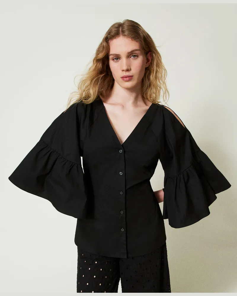 Actitude by Twinset Hemden - Popelinehemd mit Volants, Schwarz, Baumwolle, Größe Schwarz