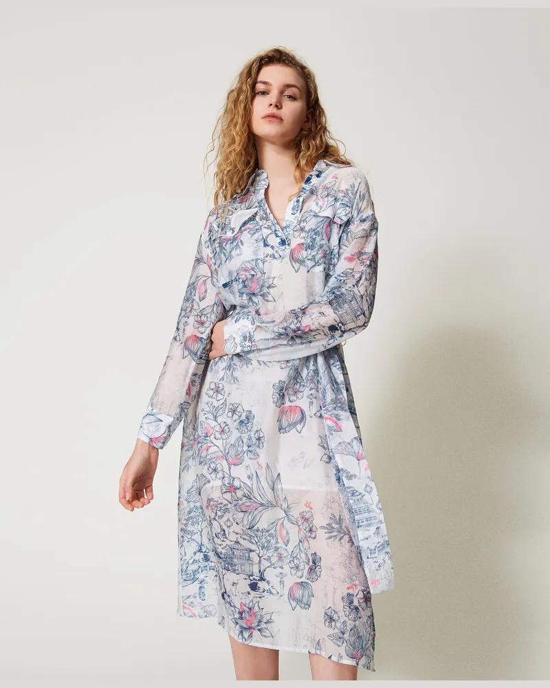 Actitude by Twinset Kleider - MYFO Midikleid aus Organza, Japanese Toile De Jouy, Mit Blumen, Größe Japanese