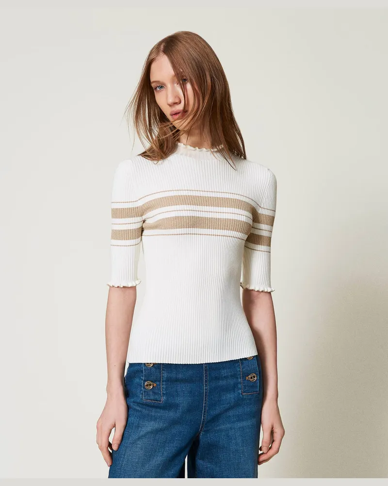 Twin-Set Gerippter Stehkragenpullover mit Lurexstreifen, Zweifarbig Schneeweiß / "Rope"-Beige Lurex Gold, Größe Zweifarbig