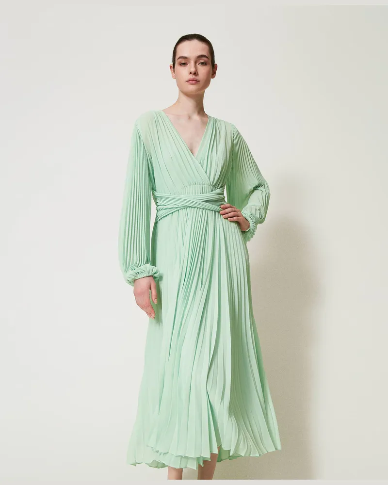 Twin-Set Kleider - Maxikleid aus plissiertem Georgette, Mint, Plissee, Größe Mint