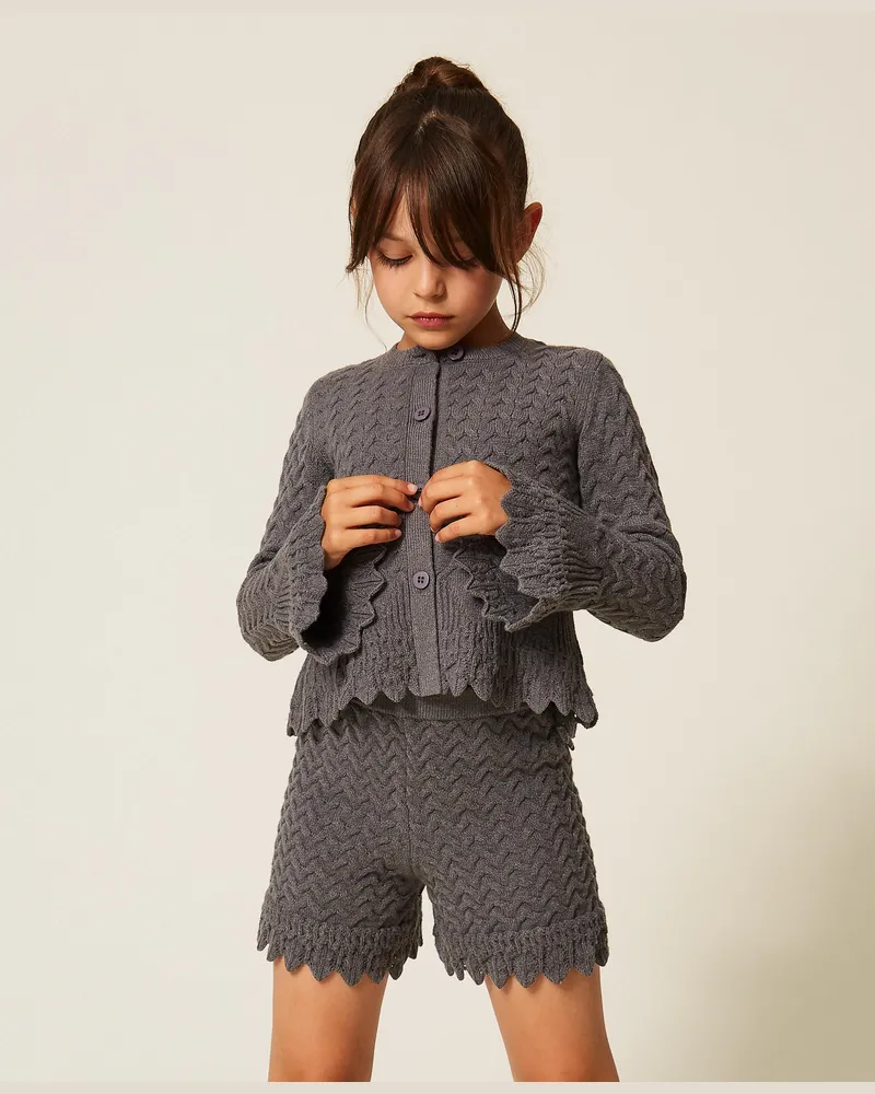 Twin-Set Strick-Cardigan mit Zopfmuster, Damen, Meliertes Dunkelgrau Meliertes