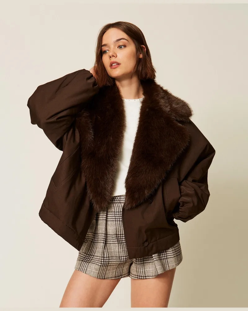 Twin-Set Jacke aus Gabardine mit Kunstpelzkragen, Damen, Darkness Brown Darkness