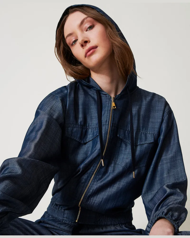 Twin-Set Sweatshirts und -jacken - Sweatjacke aus Chambray mit Reißverschluss, Blue Denim, Jeans, Größe Blue