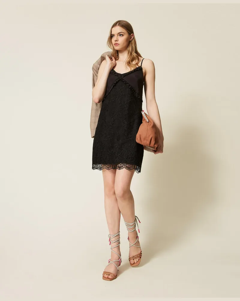 Actitude by Twinset Kleider - MYFO kurzes Kleid aus Jacquard mit Spitze und Stickerei, Schwarz, Größe Schwarz