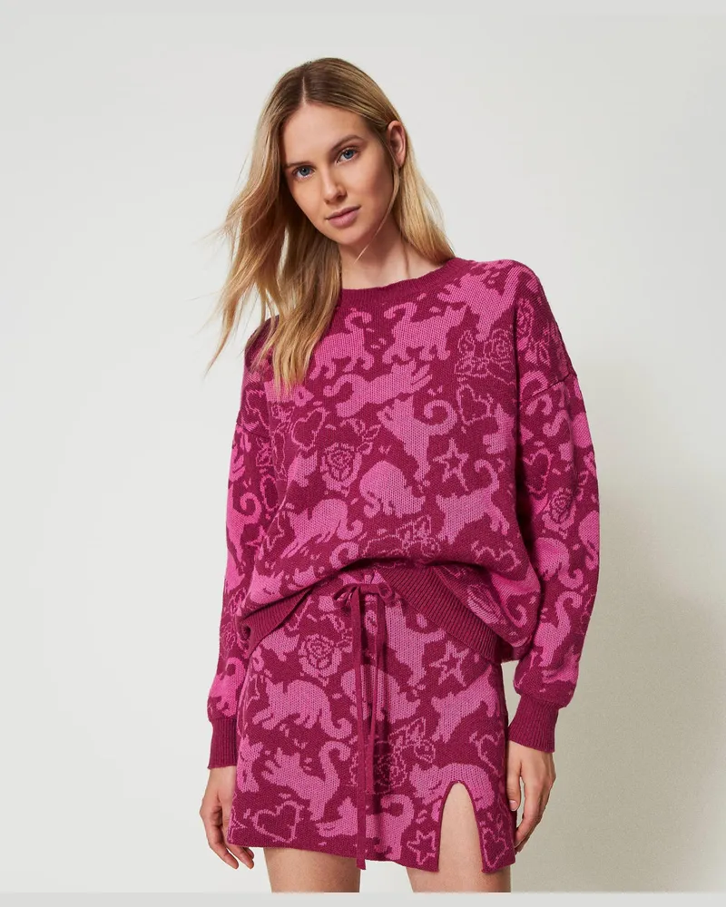 Twin-Set Jacquardpullover aus Treeblend-Garn, Jacquard Cats Raspberry Radiance / Cone Flower, Größe: XXL 