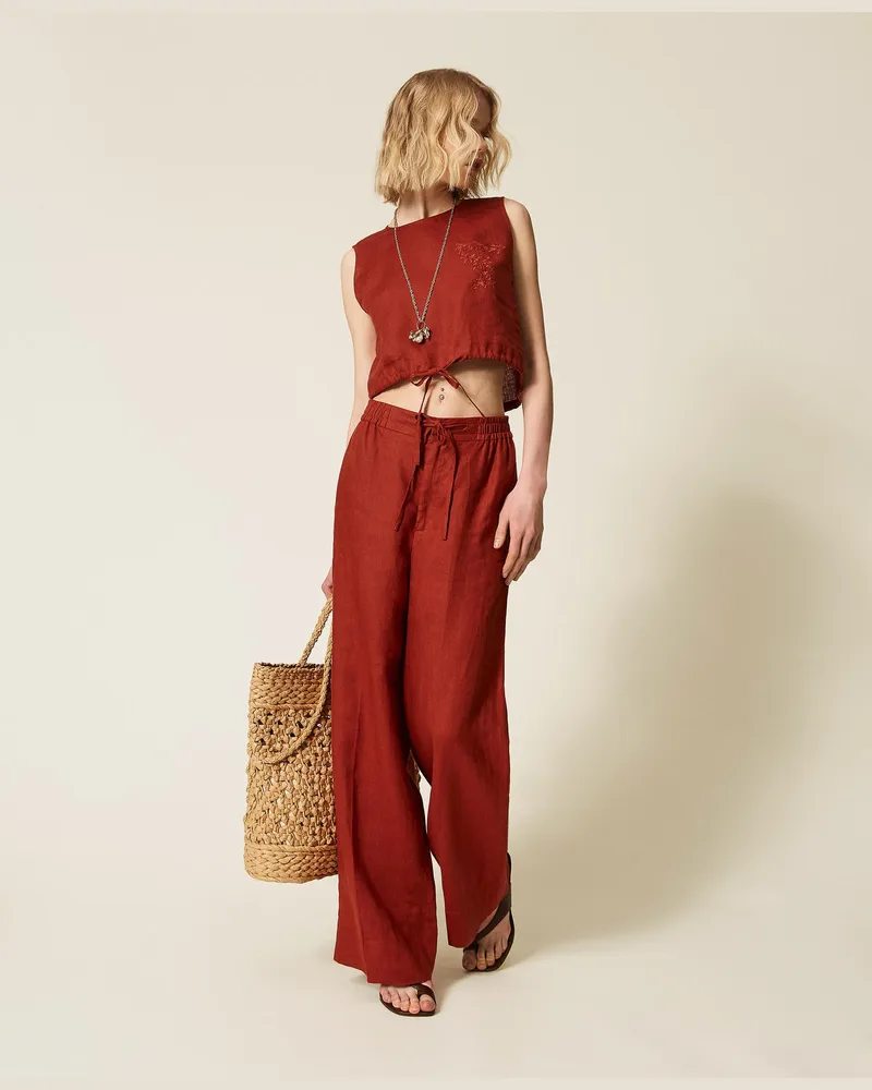 Twin-Set Hosen - Hose aus Leinen mit aufgesticktem Logo, „Henna" Brown, Größe „henna“