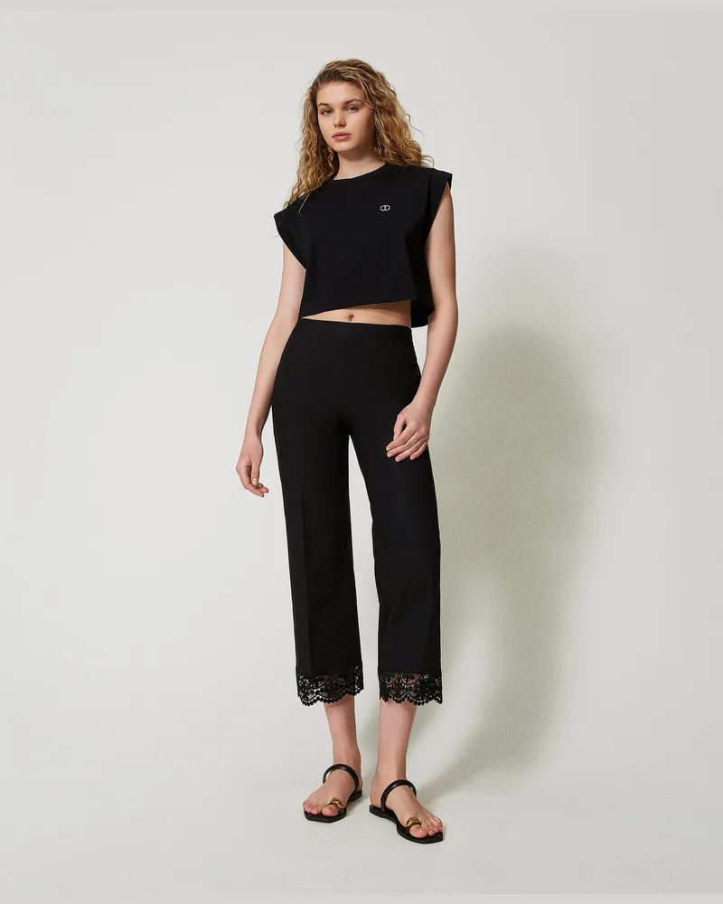 Twin-Set Hosen - Cropped-Hose aus Popeline mit Spitze, Schwarz, Größe Schwarz