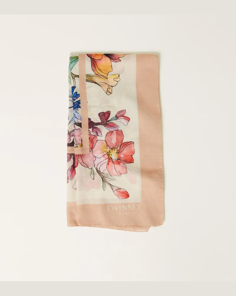 Twin-Set Accessoires - Tuch mit Printmotiv aus Logos und Blumen, Flowers-Print Delicate Beige, Mit Blumen, Einheitsgröße Flowers-print