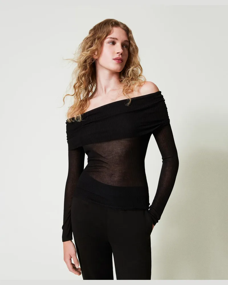 Twin-Set Off-Shoulder Pullover aus Viskose, Schwarz, Größe: XS 