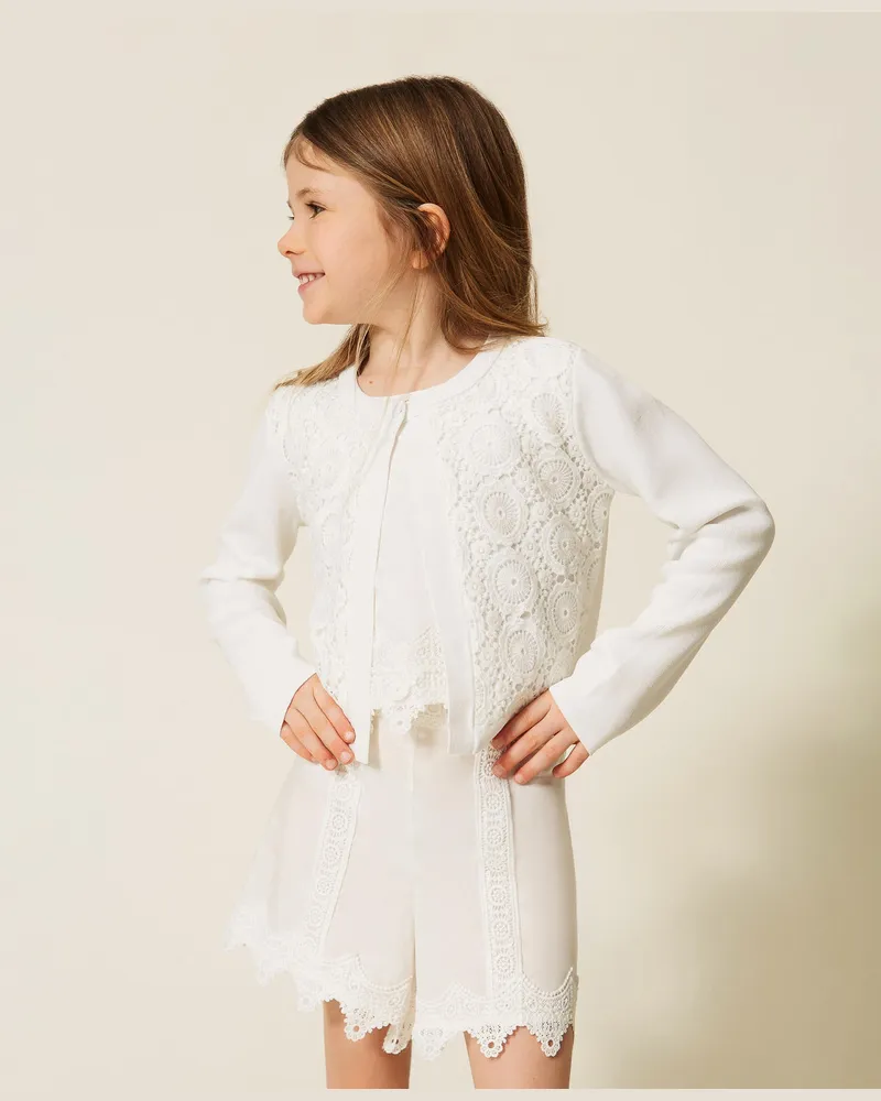 Twin-Set Baby-Strickjacke mit Spitzeneinsätzen Mattweiß