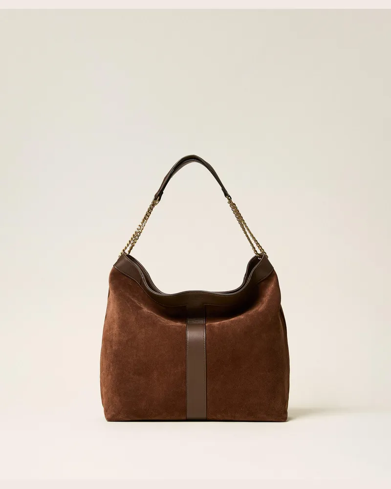 Twin-Set Hobo-Tasche aus Veloursleder mit Logo, Damen, Chocolate Lab Chocolate