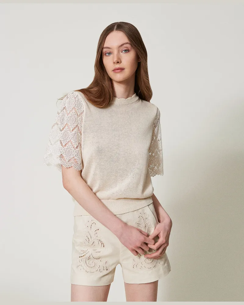 Twin-Set Pullover aus Leinenmischung mit Jacquardärmeln, Delicate Beige, Größe Delicate