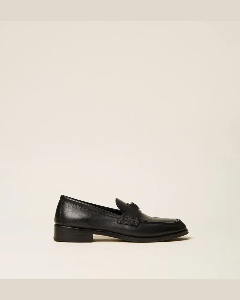 Twin-Set Ledermokassin mit Logo Schwarz