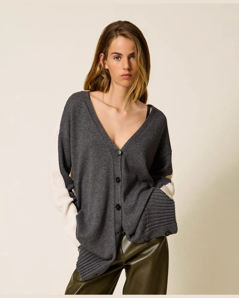 Twin-Set Cardigans - Langer Cardigan aus Wollmischung, Zweifarbig Dunkelgrau-Melange / Schneeweiß, Wolle, Größe Zweifarbig