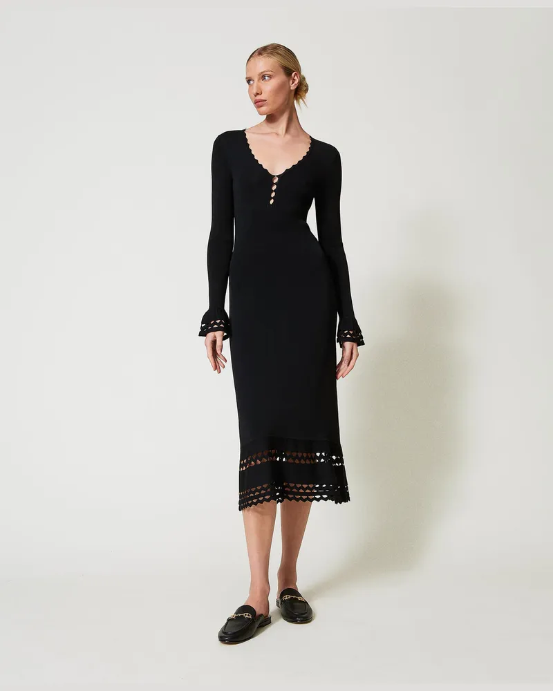 Twin-Set Kleider - Midi-Strickkleid mit geometrischem Motiv, Schwarz, Größe Schwarz