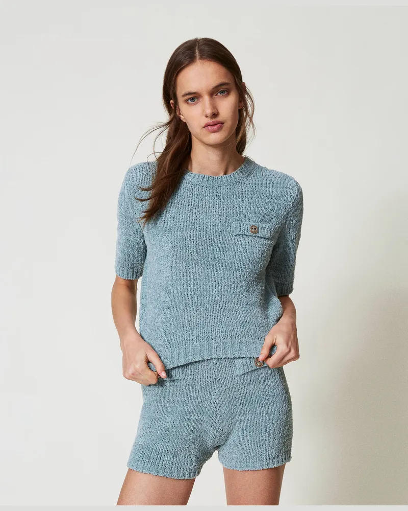 Twin-Set Cropped-Pullover mit „Oval T"-Knopf, "Zuckerpapier"-Grau, Baumwolle, Größe: XXL 