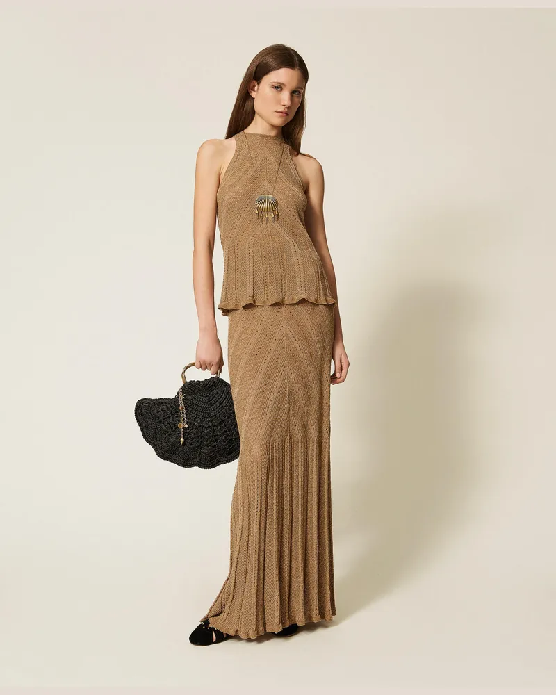 Twin-Set Röcke - Langer Rock aus Leinenstrick mit Lurex, Golden Green Lurex, Größe Golden