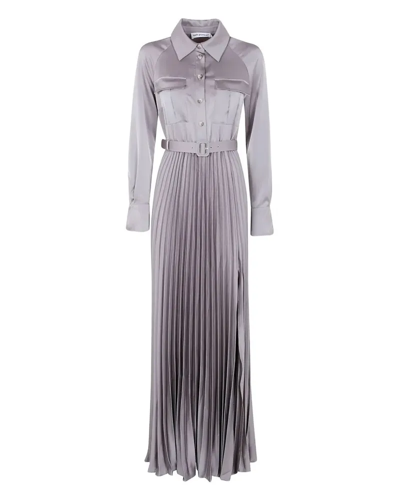 Self-Portrait Grey Satin Pleated Maxi Dress Gray