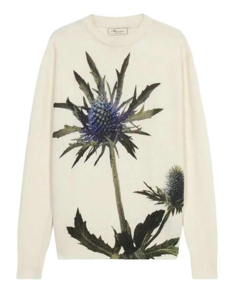 Blumarine Thistle" Print Knit Round Neck Sweater White