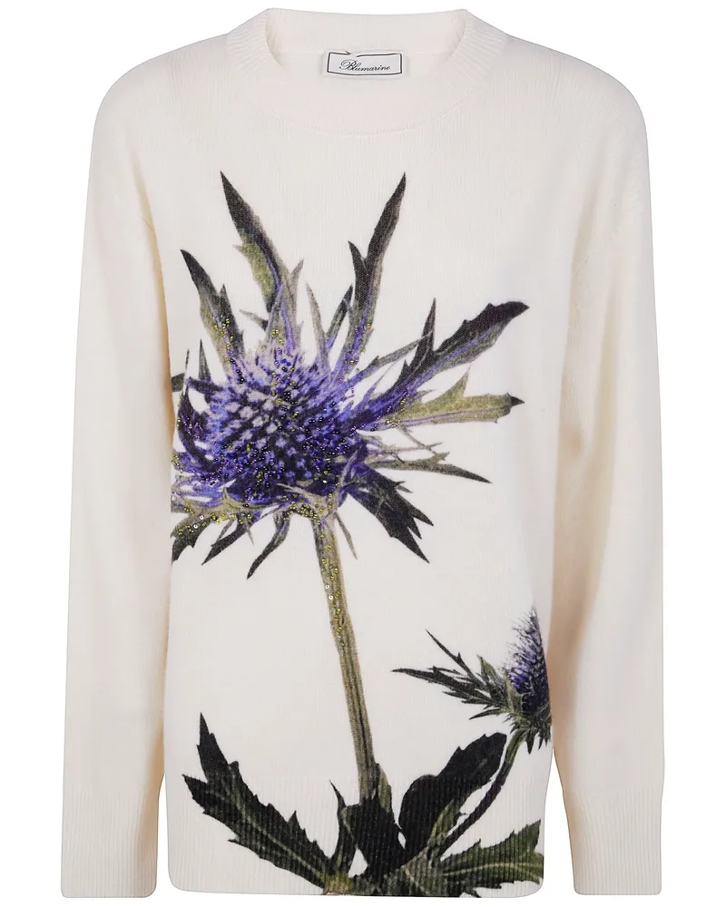 Blumarine Thistle" Print Knit Round Neck Sweater White