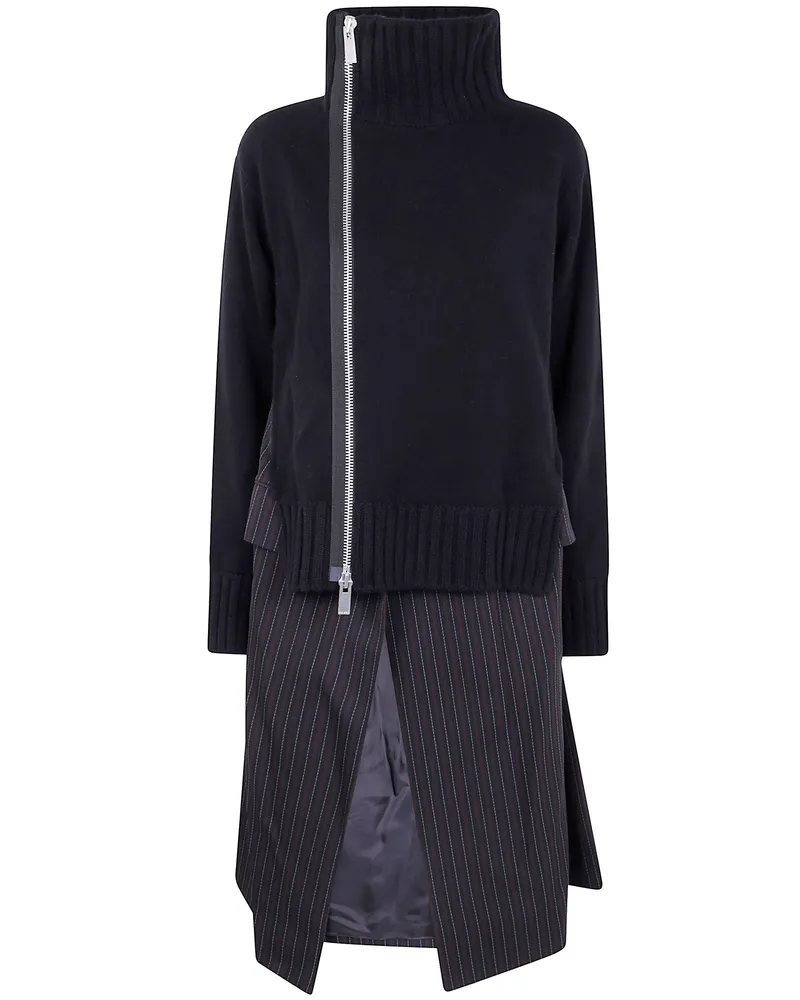 Sacai Stripe Doeskin X Wool Knit Coat Dress Black