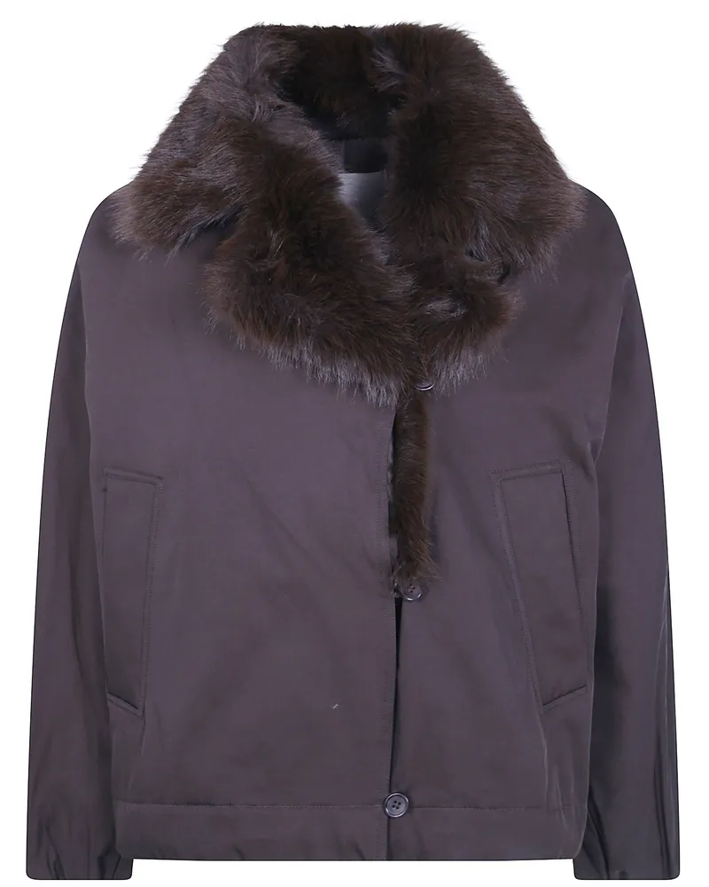 Twin-Set Windbreaker Faux Fur Neck Bomber Jacket Brown