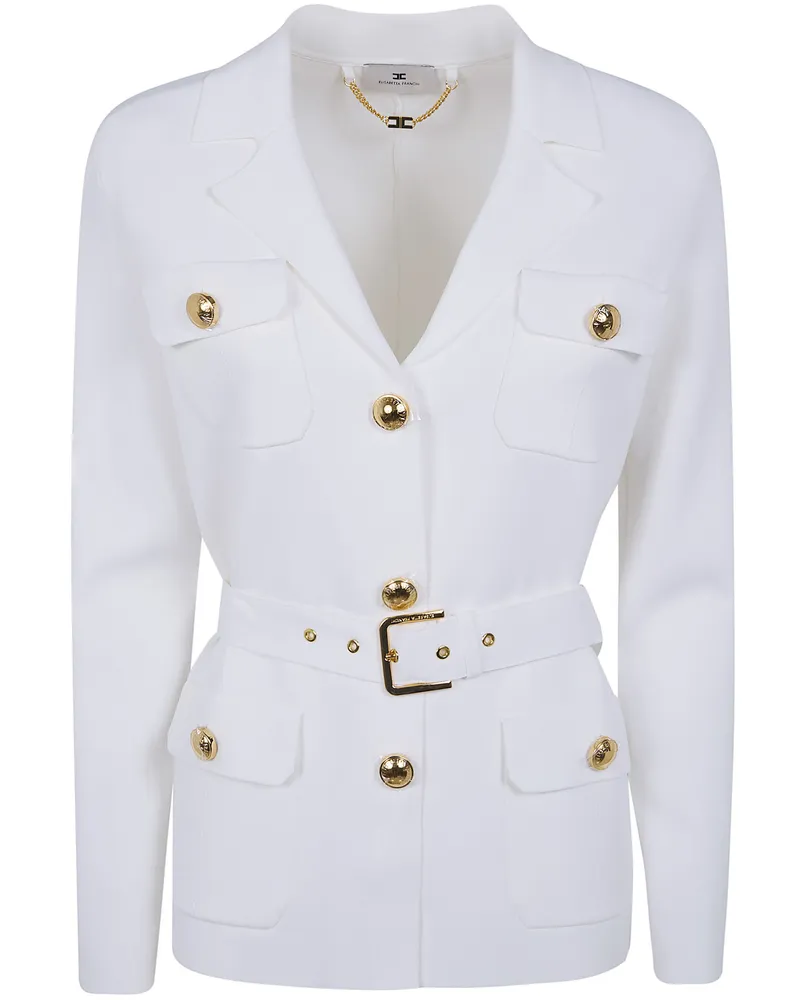 Elisabetta Franchi Belted And Pocket Knit Cardigan White