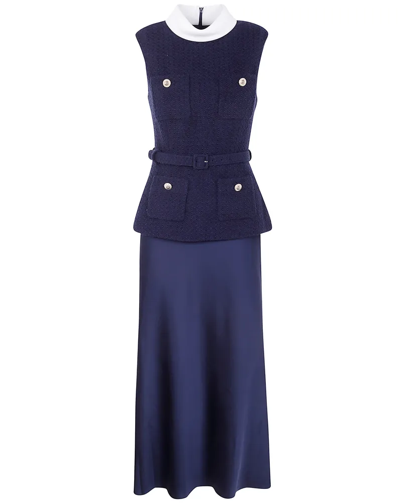 Self-Portrait Navy Boucle Sleeveless Midi Dress Blue