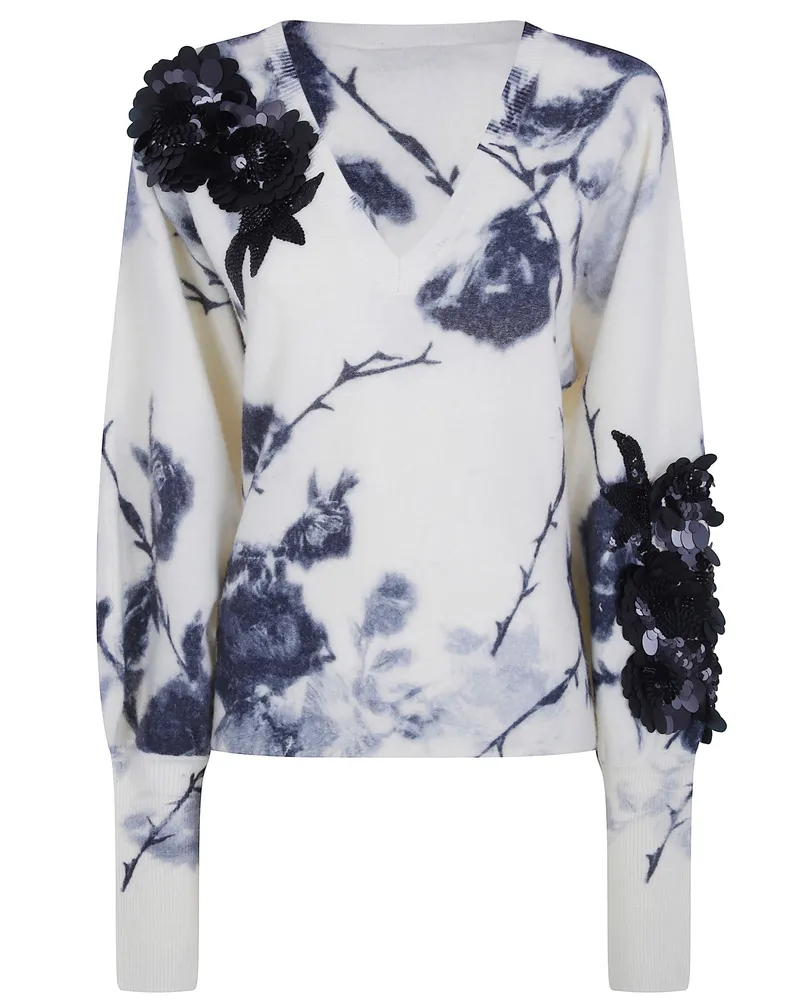 Blumarine Sweater Wool Blend "Rose Print And Embroidered Beige